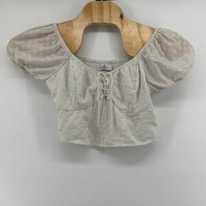 Hollister‎ Women's Crop Top Lace-Up Puff Sleeve Eyelet Blouse Shirt Size L